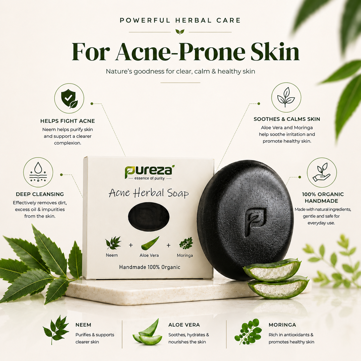 Pureza Acne Herbal Soap | Neem, Aloe Vera & Moringa | 105g