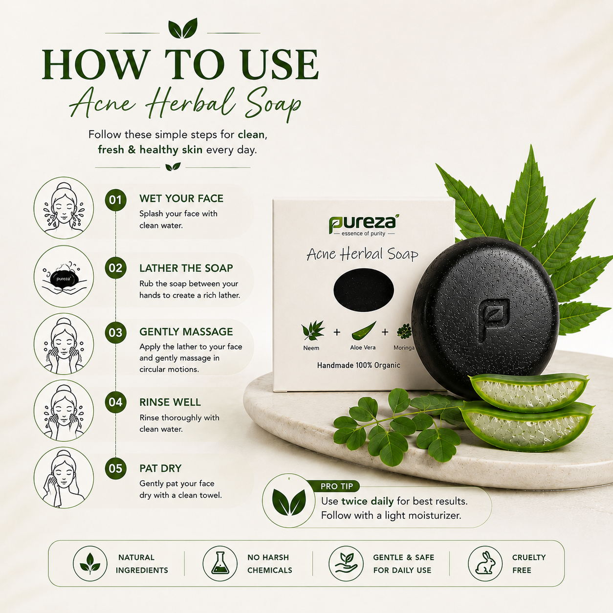 Pureza Acne Herbal Soap | Neem, Aloe Vera & Moringa | 105g