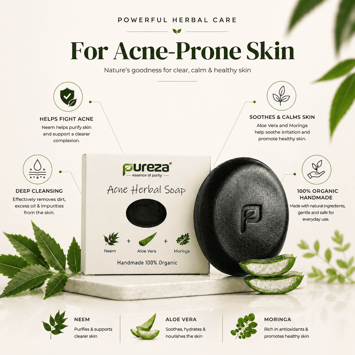 Pureza Acne Herbal Soap | Neem, Aloe Vera & Moringa | 105g