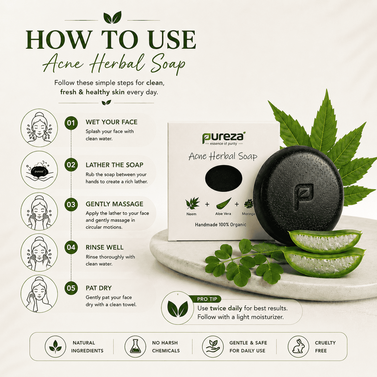 Pureza Acne Herbal Soap | Neem, Aloe Vera & Moringa | 105g
