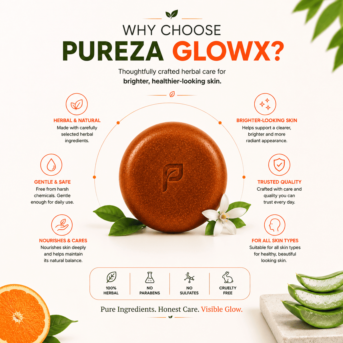 Pureza GlowX Herbal Soap | Orange, Aloe Vera & Honey | 105g